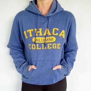 Champion Ithaca College Alumni blue gold graphic print hoodie sweatshirt small